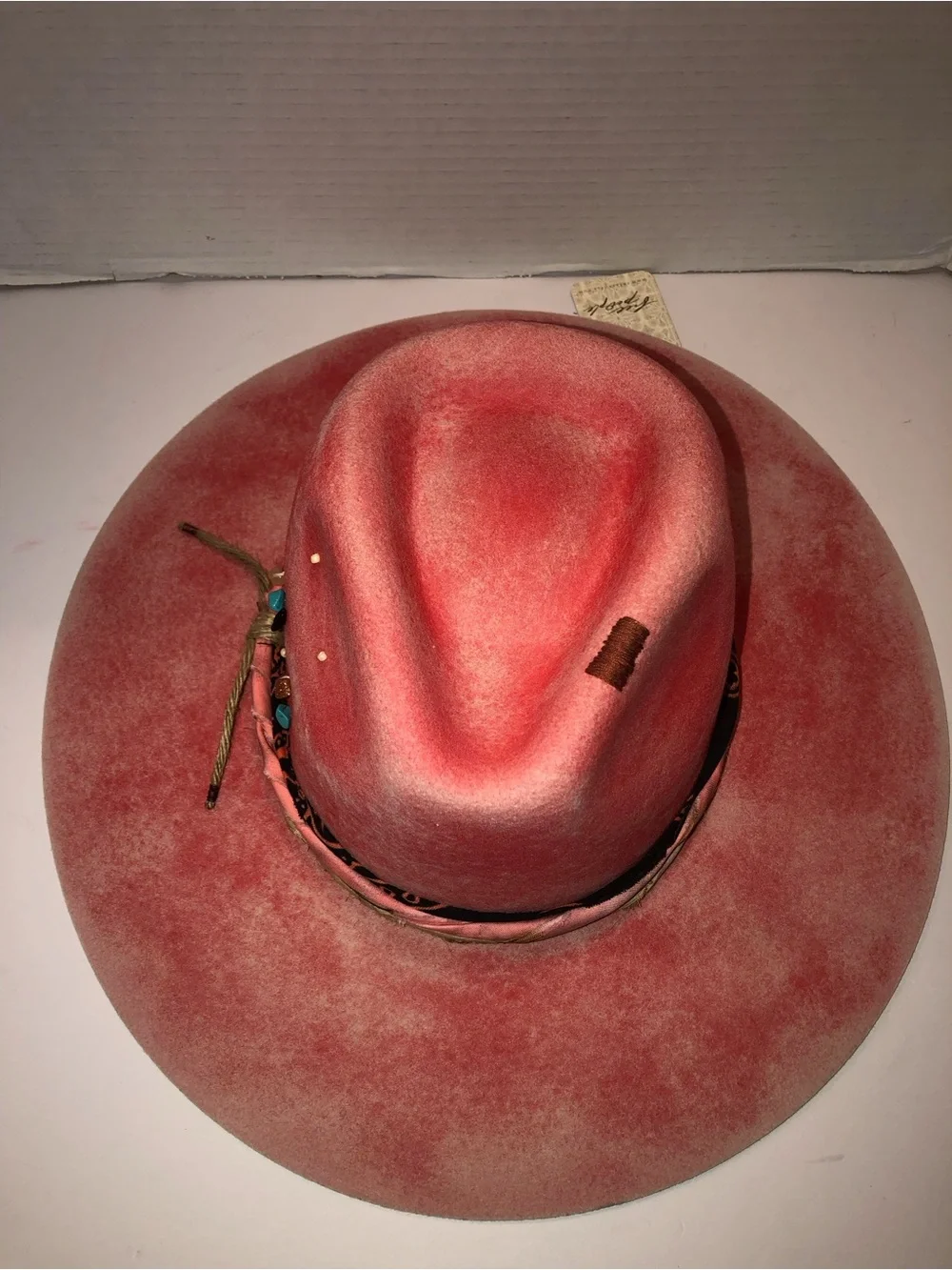 New Free People FP Pink Cami Washed Brim Embossed Jeweled Cowboy Western Hat